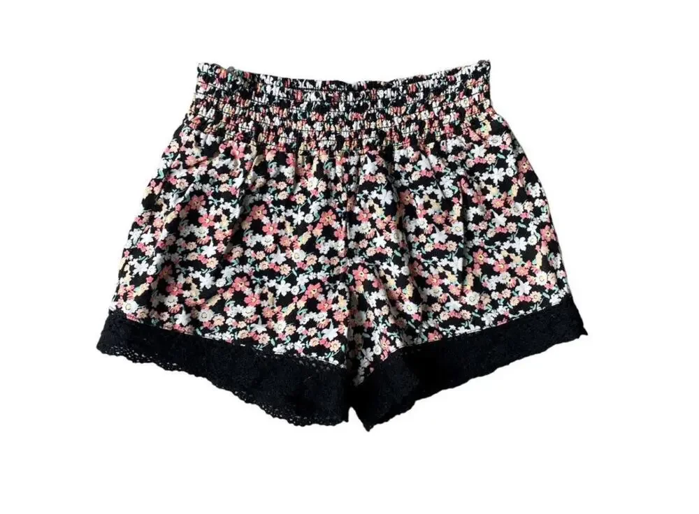 Girls 10 Justice Black White Pink Floral Lace Stretch Spring Summer Shorts